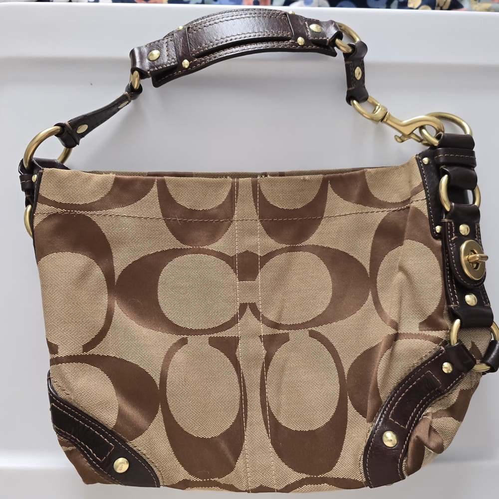 Coach Tan and Brown Shoulder Bag with Gold Accents